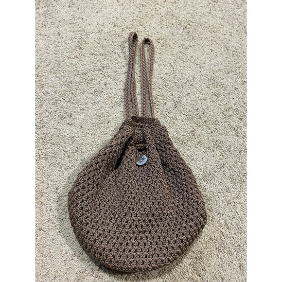 THE SAK Crochet Drawstring Bucket Backpack Slingback BOHO Bag Purse BRONZE F23